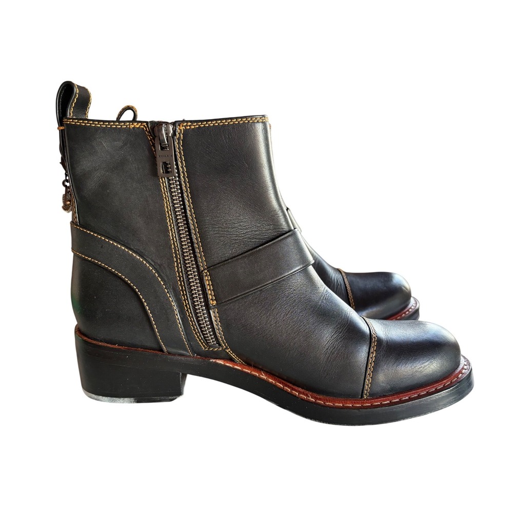Coach G1192 Black Leather Turnlock Tea Rose Boots 9.5 B Cap Toe Zipper UNUSED - Picture 5 of 9